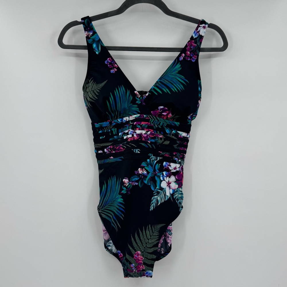 Aqua Green Black Floral Waist Detail One Piece Swimsuit Size Medium - Picture 2 of 6